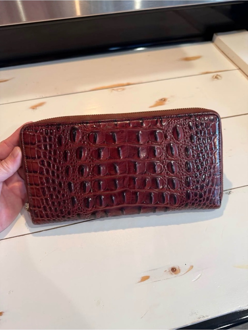 Croc-Embossed Zip Wallet in Deep Burgundy